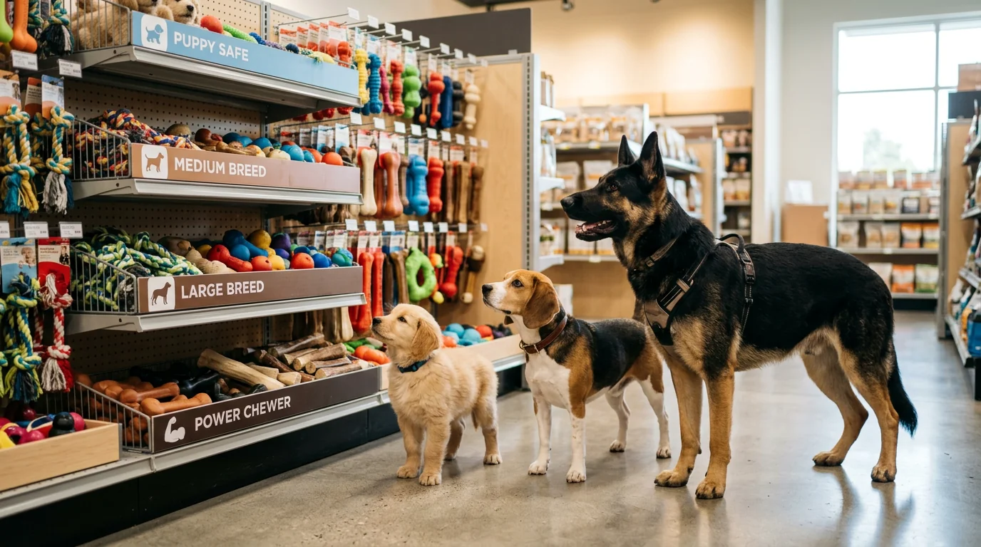 A well-lit pet store aisle with neatly arranged dog chew toys grouped by size and life stage; foreground shows three dogs of different sizes (a small 