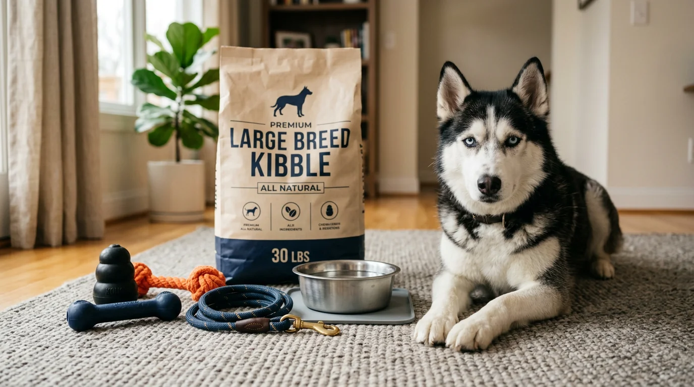 A Siberian Husky lying on a neutral rug beside a curated set of chew-resistant rubber toys, a heavy-duty leash, a stainless-steel bowl, and an unbrand
