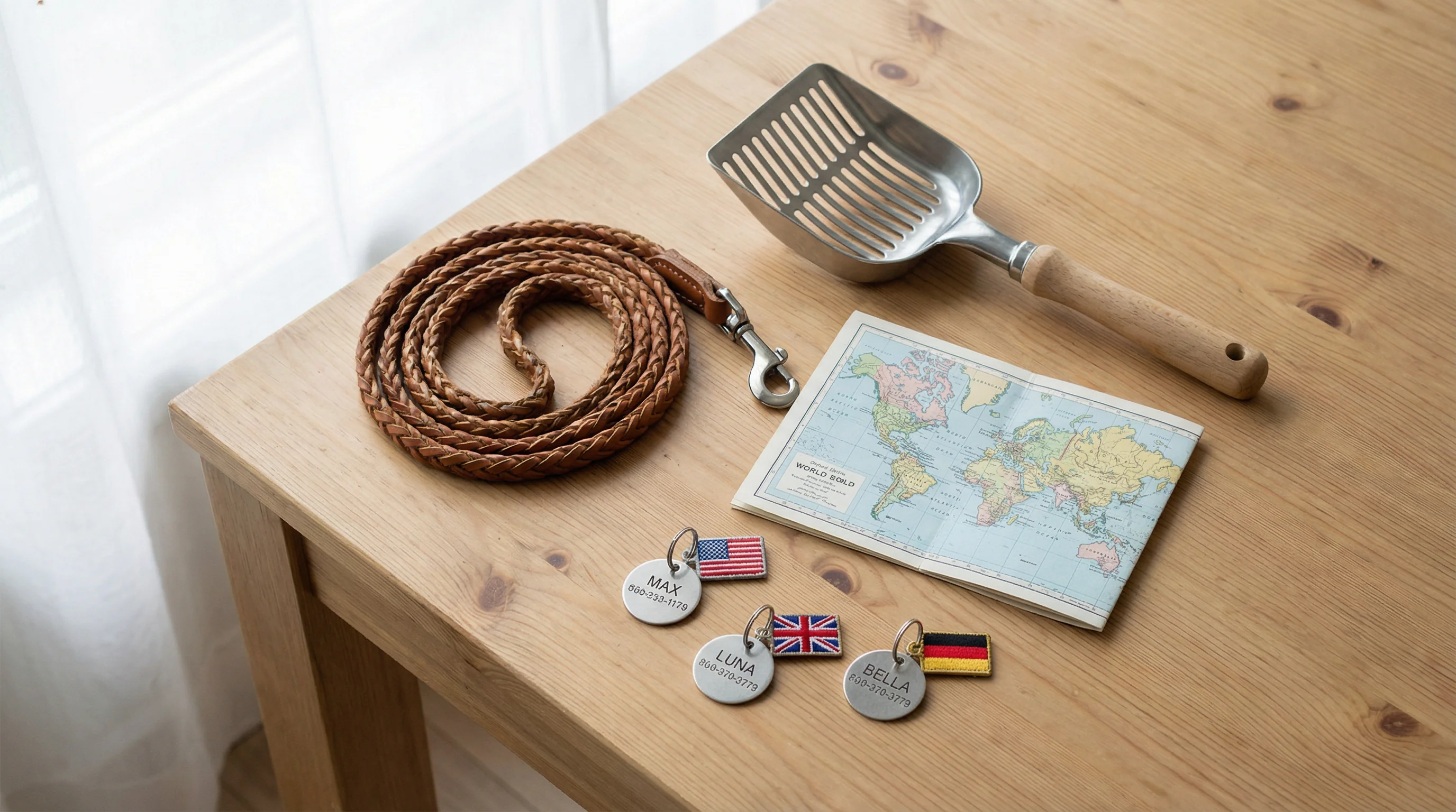 Overhead flat lay on a light wood table: a dog leash, a cat litter scoop, a small folded world map, and three pet collar tags with tiny flag patches (