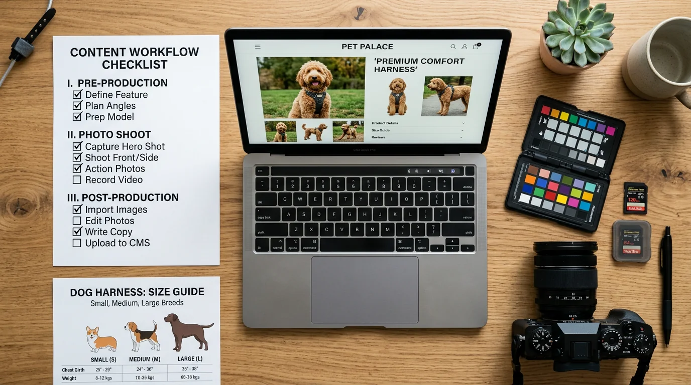 Top-down flat-lay photo of a content workflow: printed checklist with tick boxes and bold headings, open laptop displaying a product page with multipl