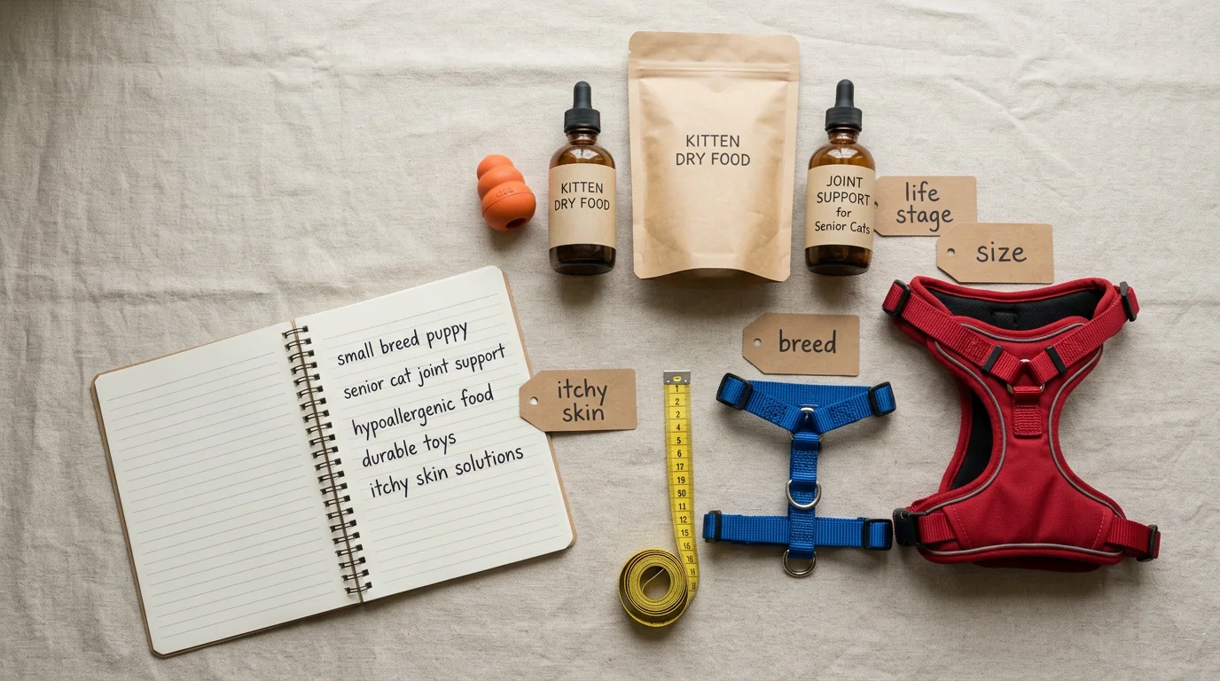 Top-down flat lay on a light neutral background showing pet products organized by modifier intent. Include: a small dog harness and a large dog harnes