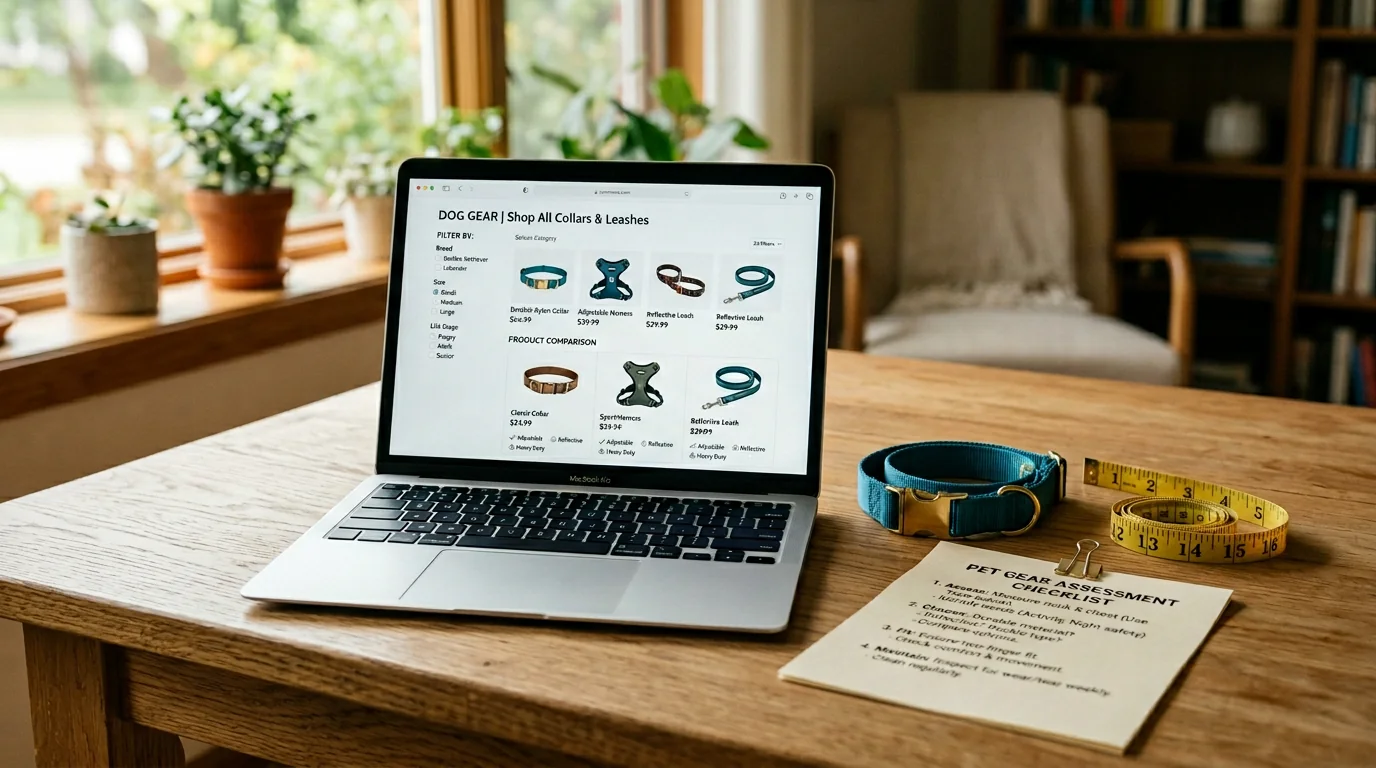 Natural-light photo of a laptop on a wooden desk displaying an unbranded pet e-commerce category page with visible filters for breed, size, and life s