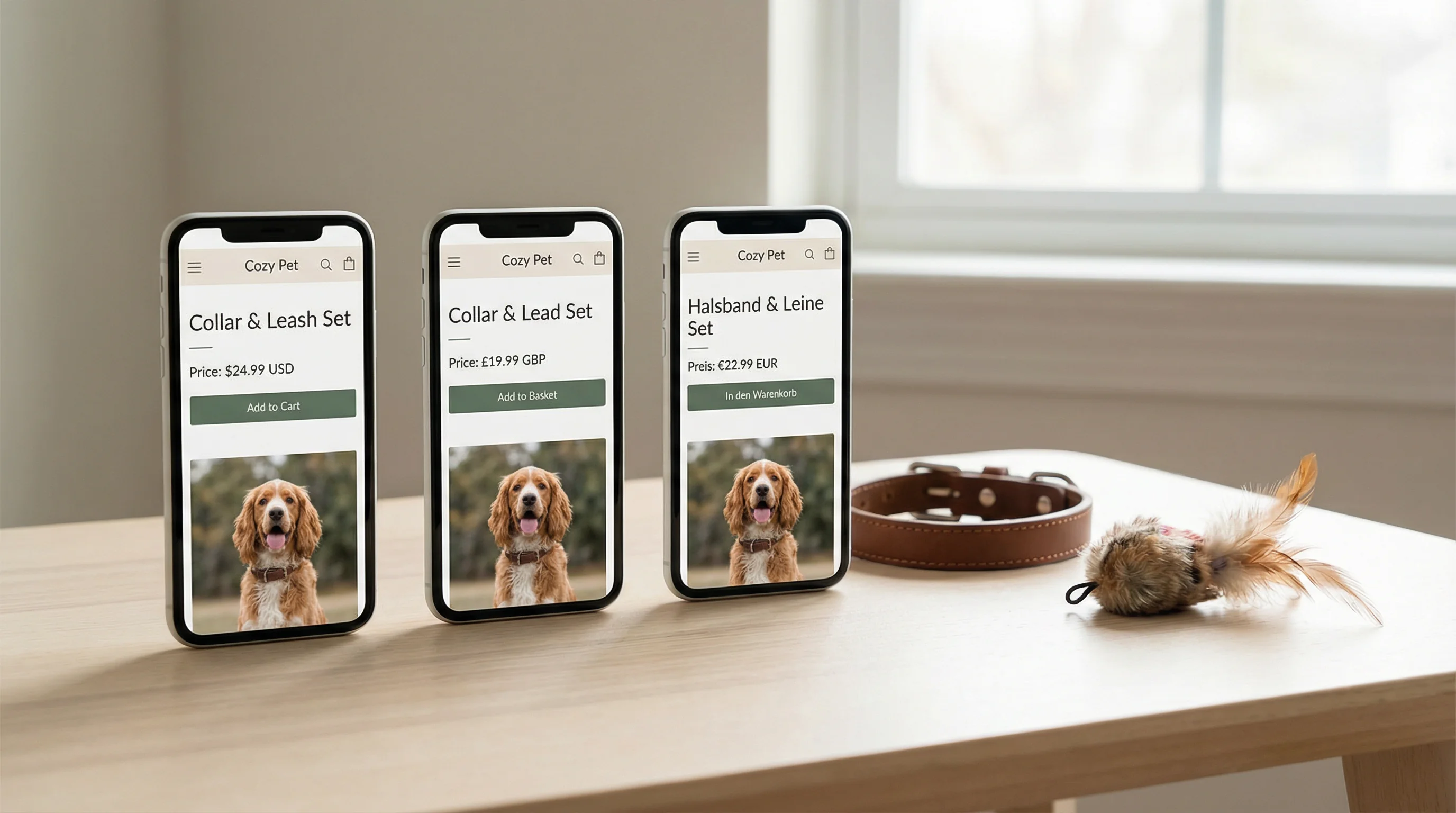 Three smartphones on a clean desk, each displaying the same pet product page localized for US, UK, and Germany. Screens show currency symbols (USD, GB