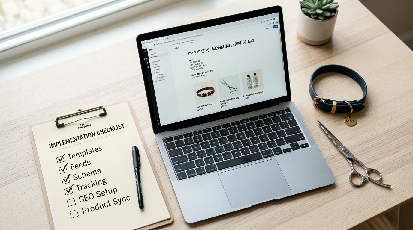 Flat lay of an implementation workspace: printed checklist with items Templates, Feeds, Schema, Tracking ticked, an open laptop showing a CMS preview 