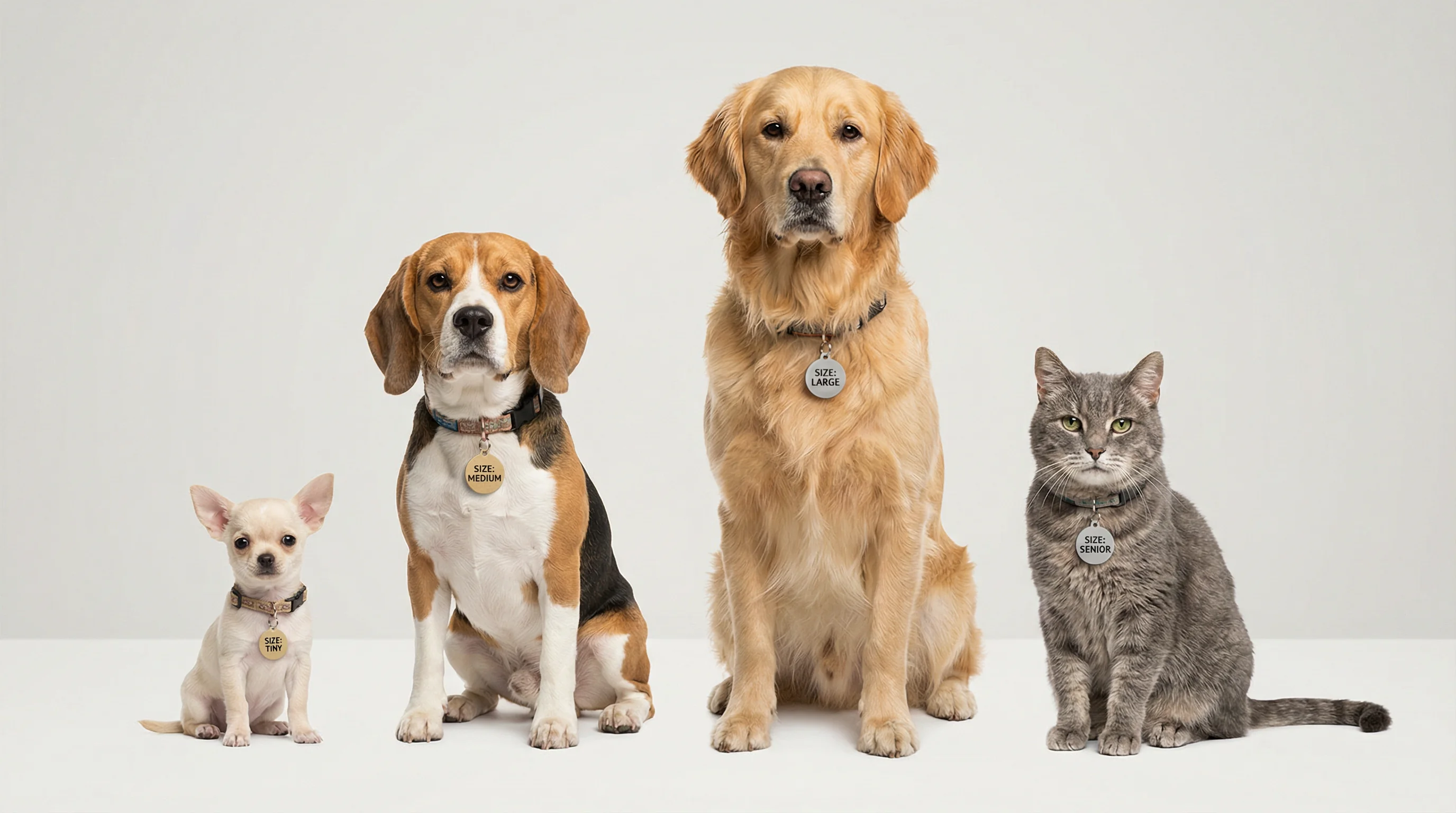 Studio photograph of diverse household pets arranged left to right by size and life stage: a tiny Chihuahua puppy, a medium Beagle adult, a large Gold