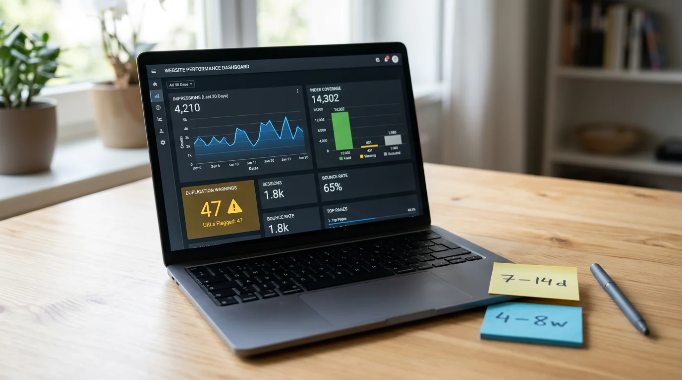 Close-up photograph of a laptop on a clean wooden desk displaying a generic web analytics dashboard with line graphs for impressions, bar charts for i
