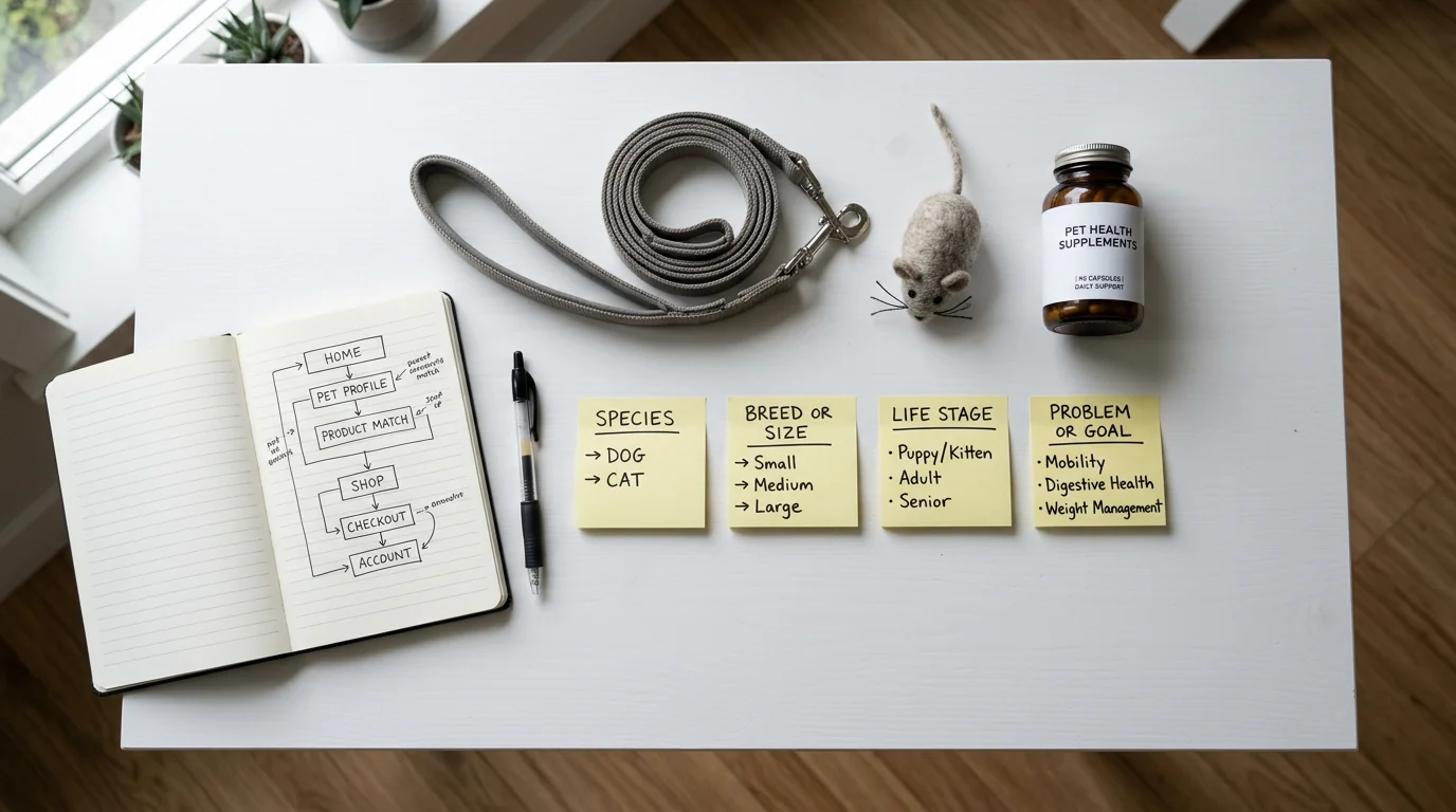 Top-down photograph of a clean white desk with neatly arranged sticky notes forming a left-to-right sequence: species -> breed or size -> life stage -