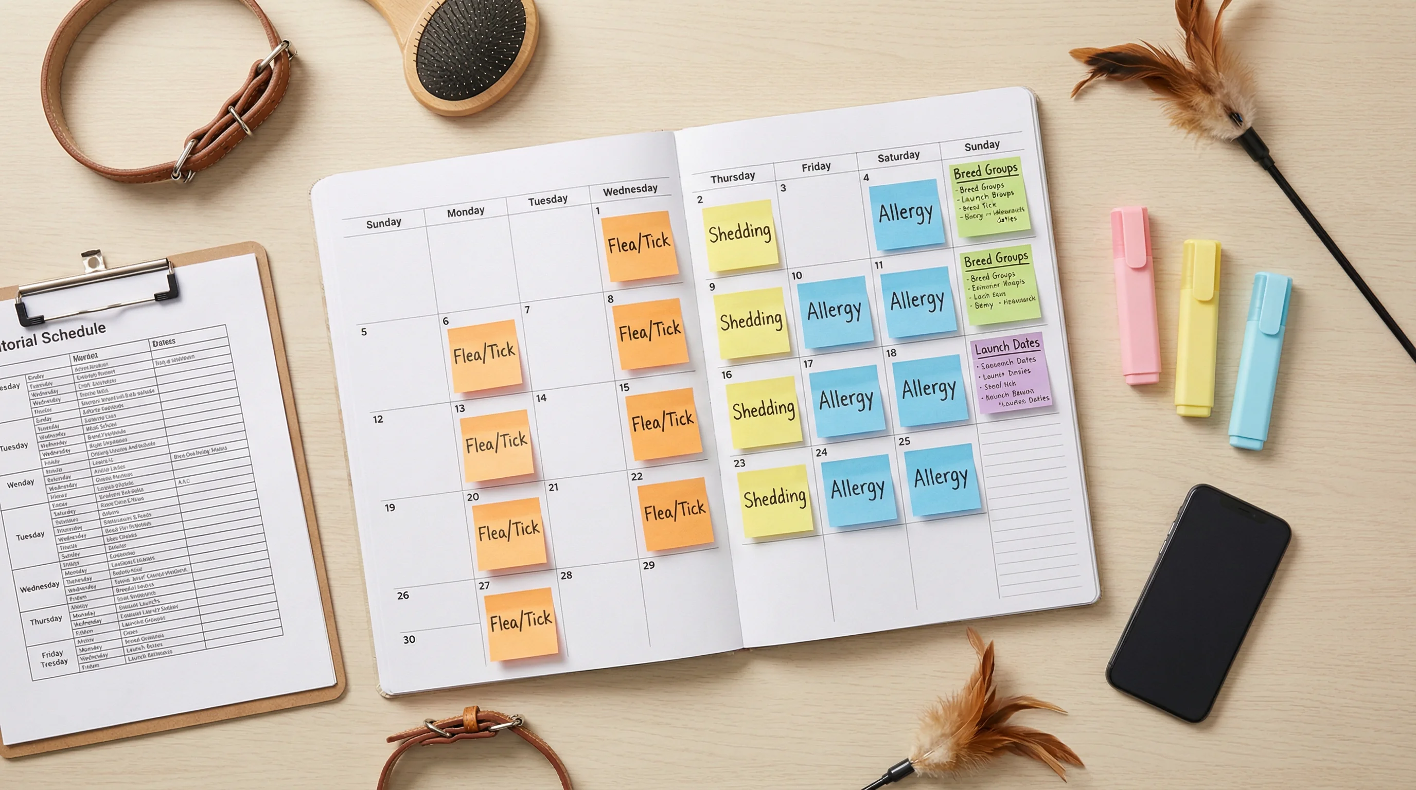 Top-down flat lay photo of a content planning desk for a pet brand: large monthly paper calendar with color-coded sticky notes for seasons (flea/tick,