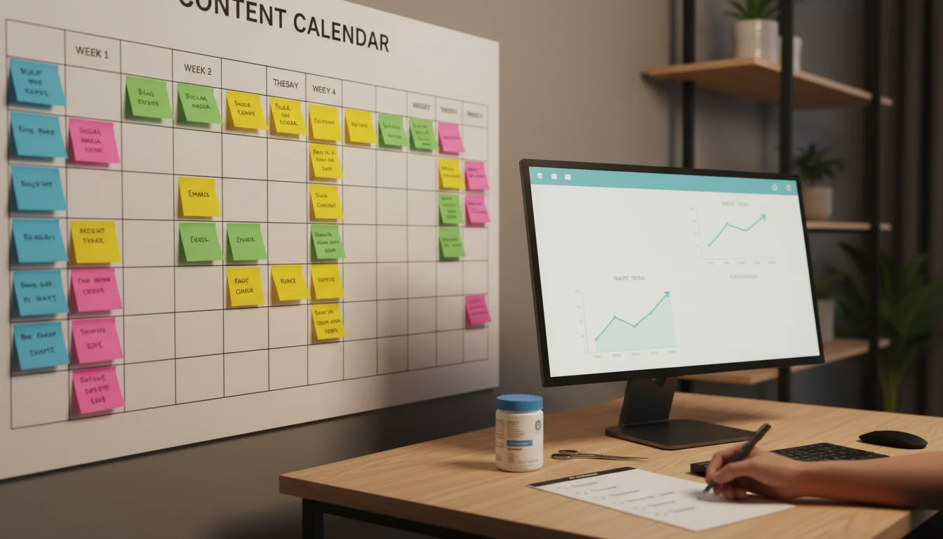 Wide shot of a content calendar wall with color-coded sticky notes arranged by weeks, next to a computer monitor showing simple analytics graphs (traf