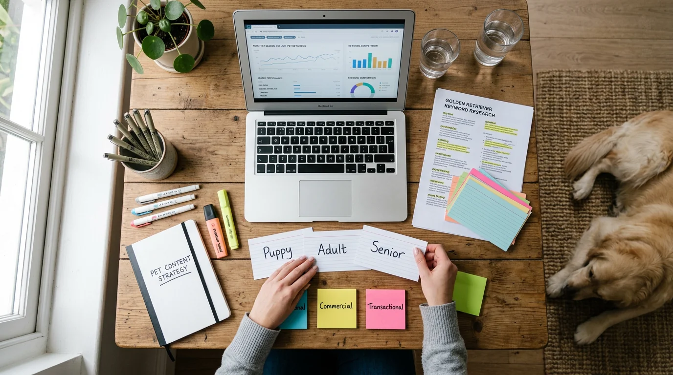 Overhead view of a tidy workspace where a content strategist organizes pet keyword research: a laptop displaying generic search performance graphs (no