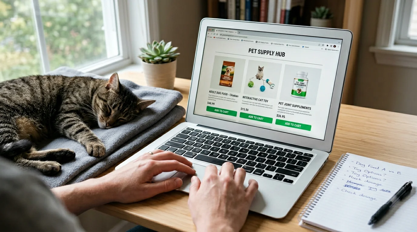 Editorial photo of a clean home office desk with a laptop open to a pet retailer's category page showing product tiles (food, toys, supplements) and a