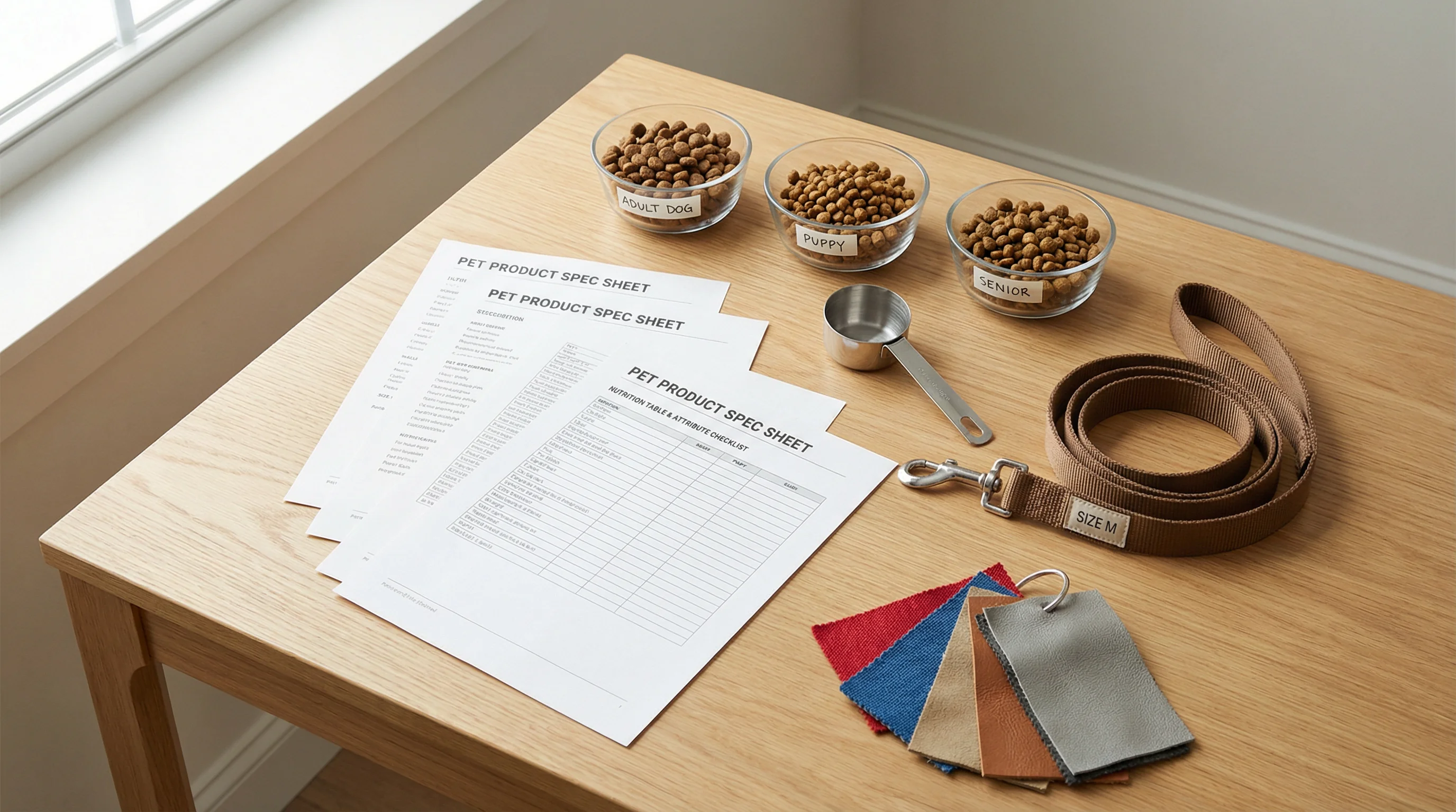 Overhead flat-lay photograph of a clean wooden desk featuring printed pet product spec sheets with nutrition tables and attribute checklists, small cl