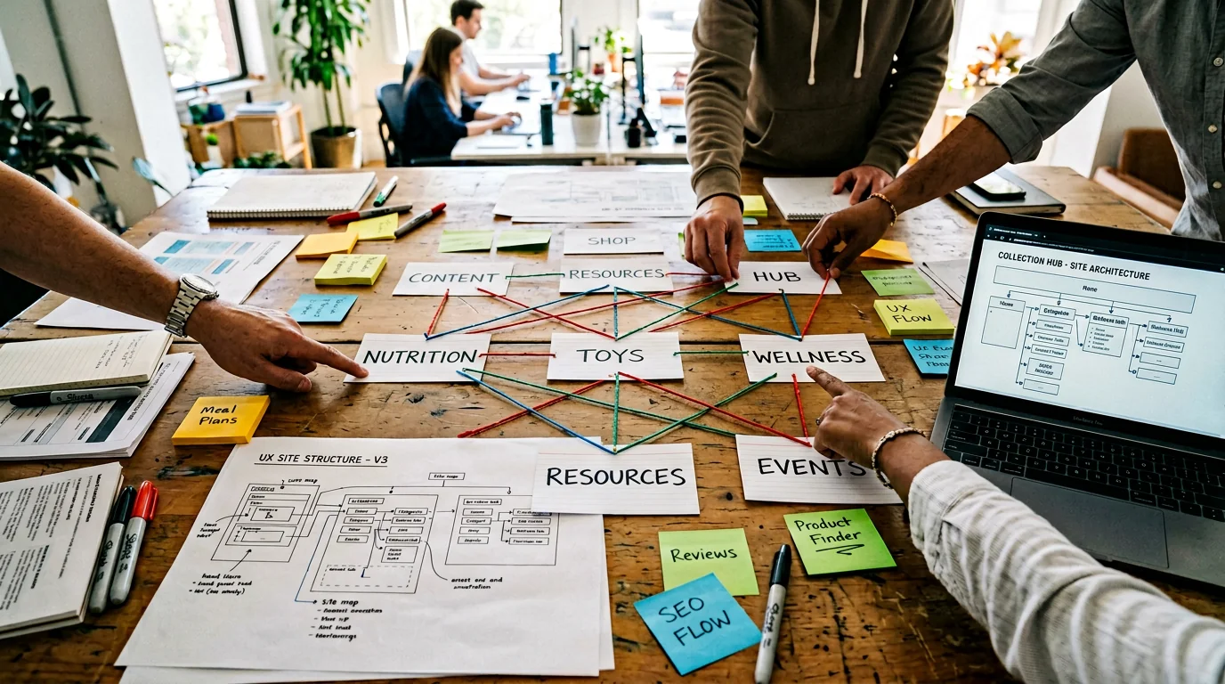Overhead documentary-style photo of a conference table with printed sitemap sheets, index cards labeled Nutrition, Toys, Wellness connected with strin