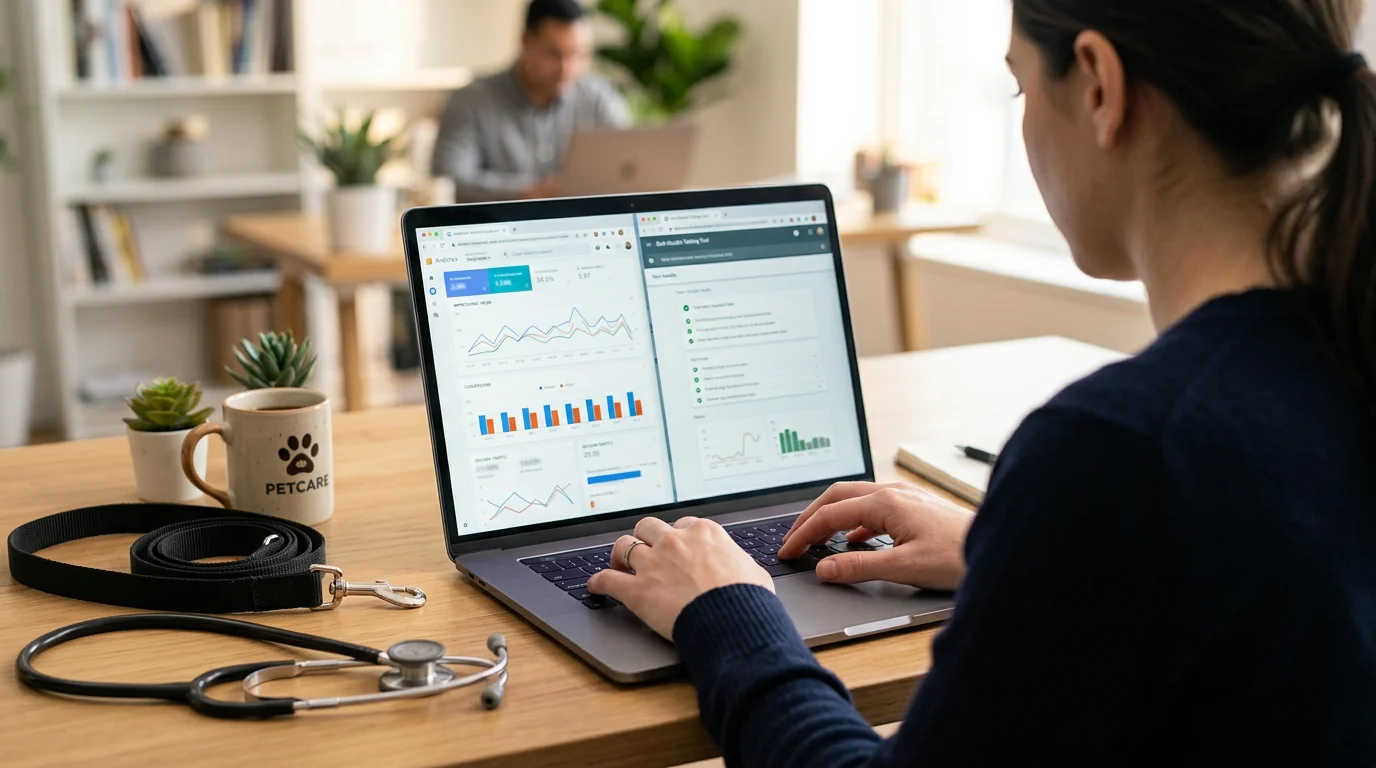 Over-the-shoulder shot of hands on a laptop running a generic analytics dashboard and a rich results testing tool side by side; simple charts, checkma