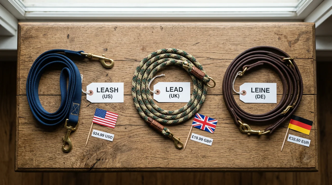 Top-down flat lay of three dog walking accessories arranged side by side: a sturdy nylon dog leash tagged 'leash' (US), a braided dog lead tagged 'lea
