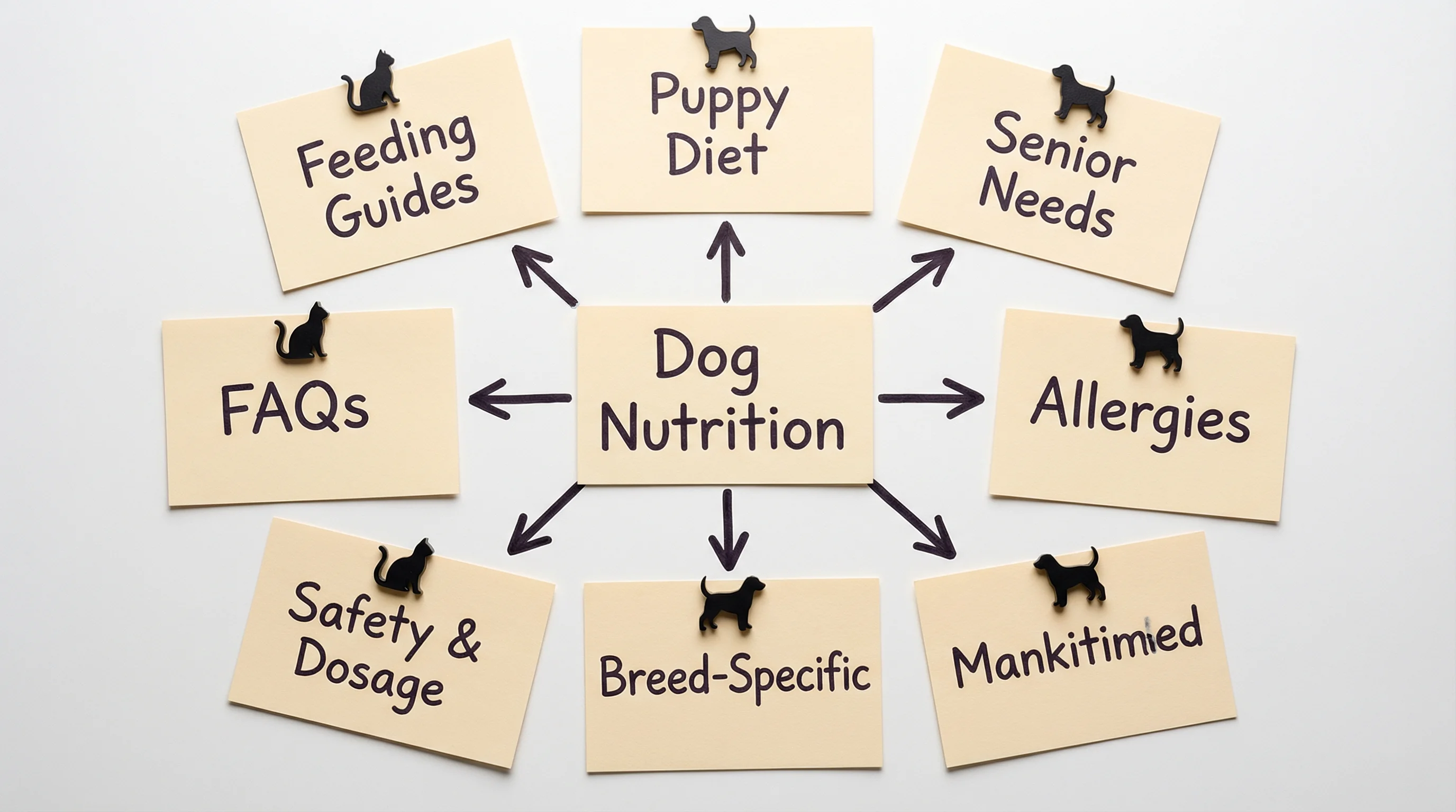 Overhead photograph of index cards arranged in a hub-and-spoke pattern on a white table; the center card labeled 'Dog Nutrition' with marker arrows po