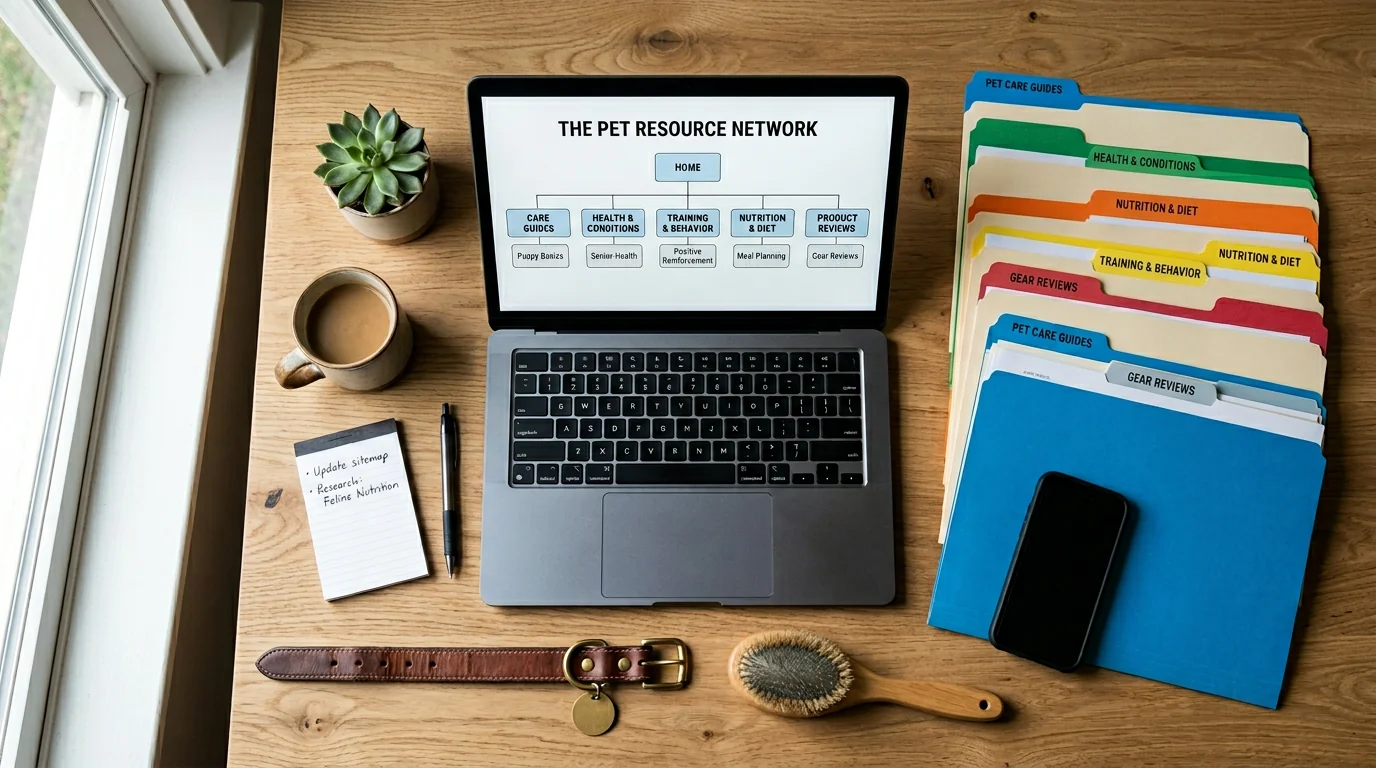 Overhead flat-lay of a tidy workspace: a laptop displaying a simple website sitemap with connected nodes, color-coded folders with tabbed dividers for