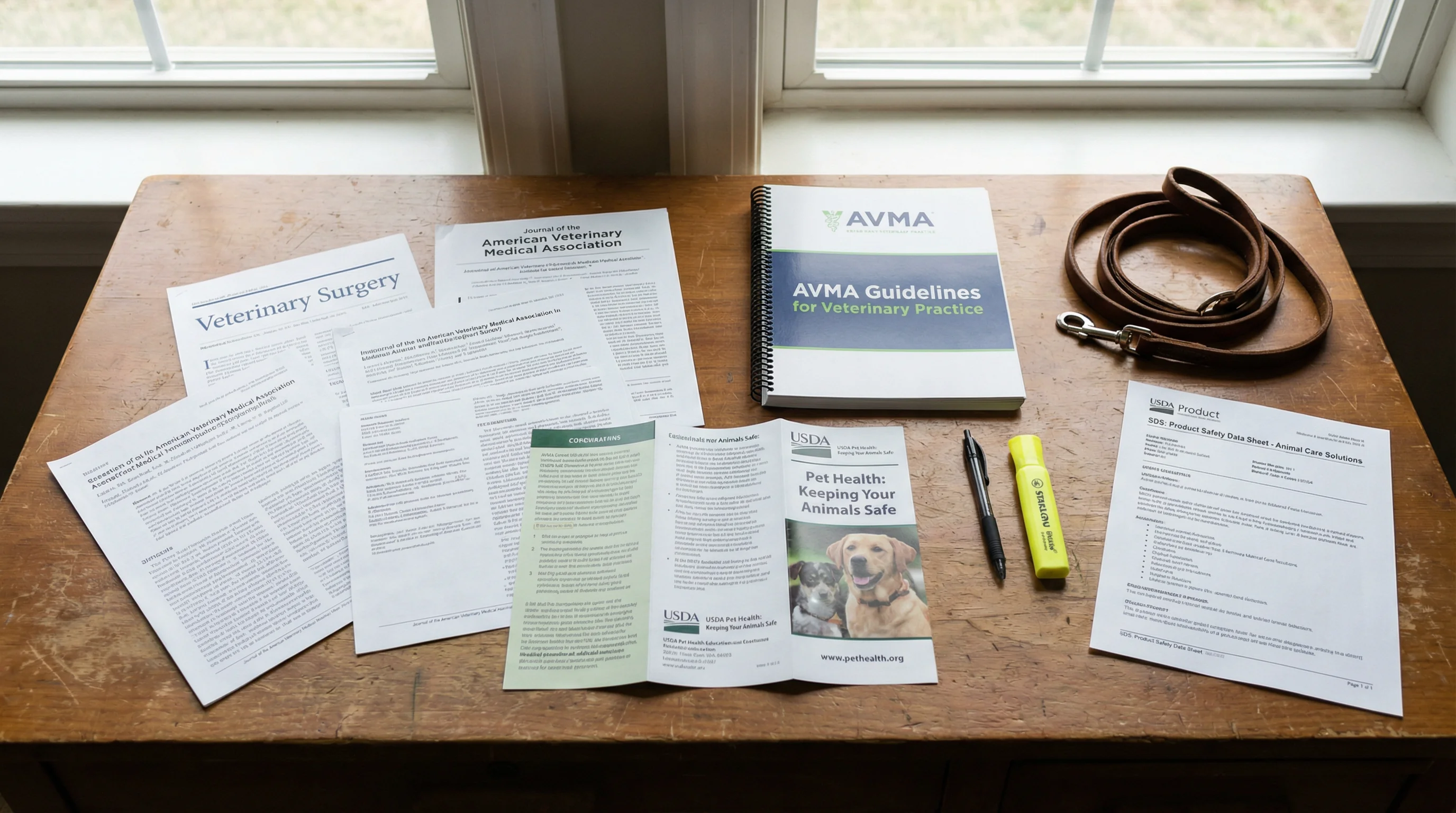 High-angle flat lay on a wooden desk: printed pages from peer-reviewed veterinary journals, an official veterinary association guideline booklet, a go