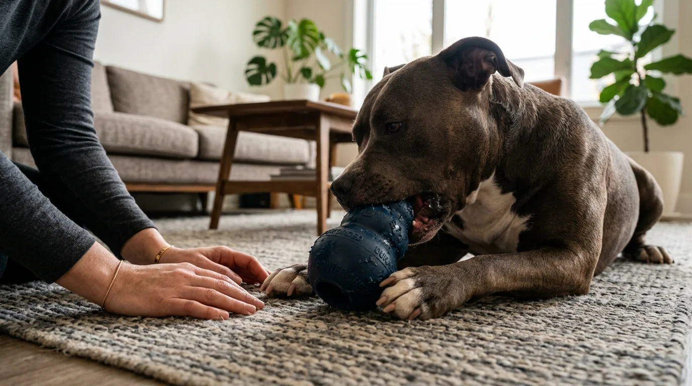 A strong adult pit bull (bully breed) chewing a thick reinforced rubber chew toy on a durable rug, owner’s hands nearby for supervision with no faces