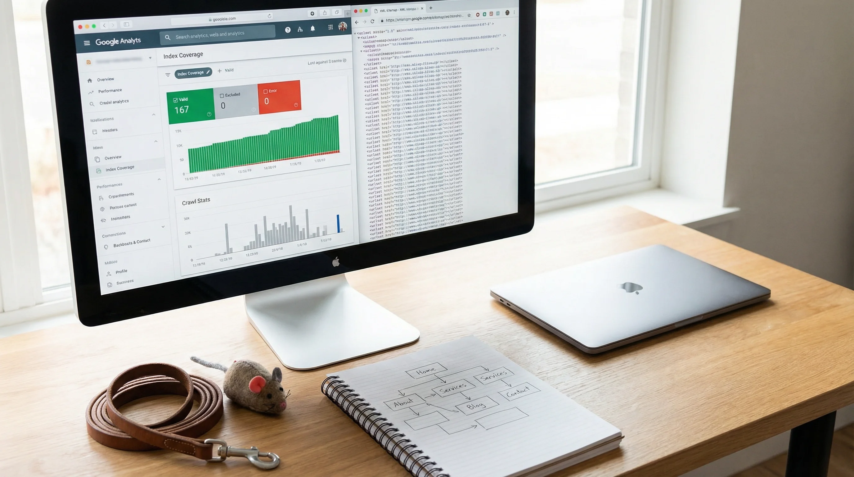 Clean, well-lit desktop scene with a large monitor showing a search analytics dashboard with index coverage charts and an XML sitemap file open in adj