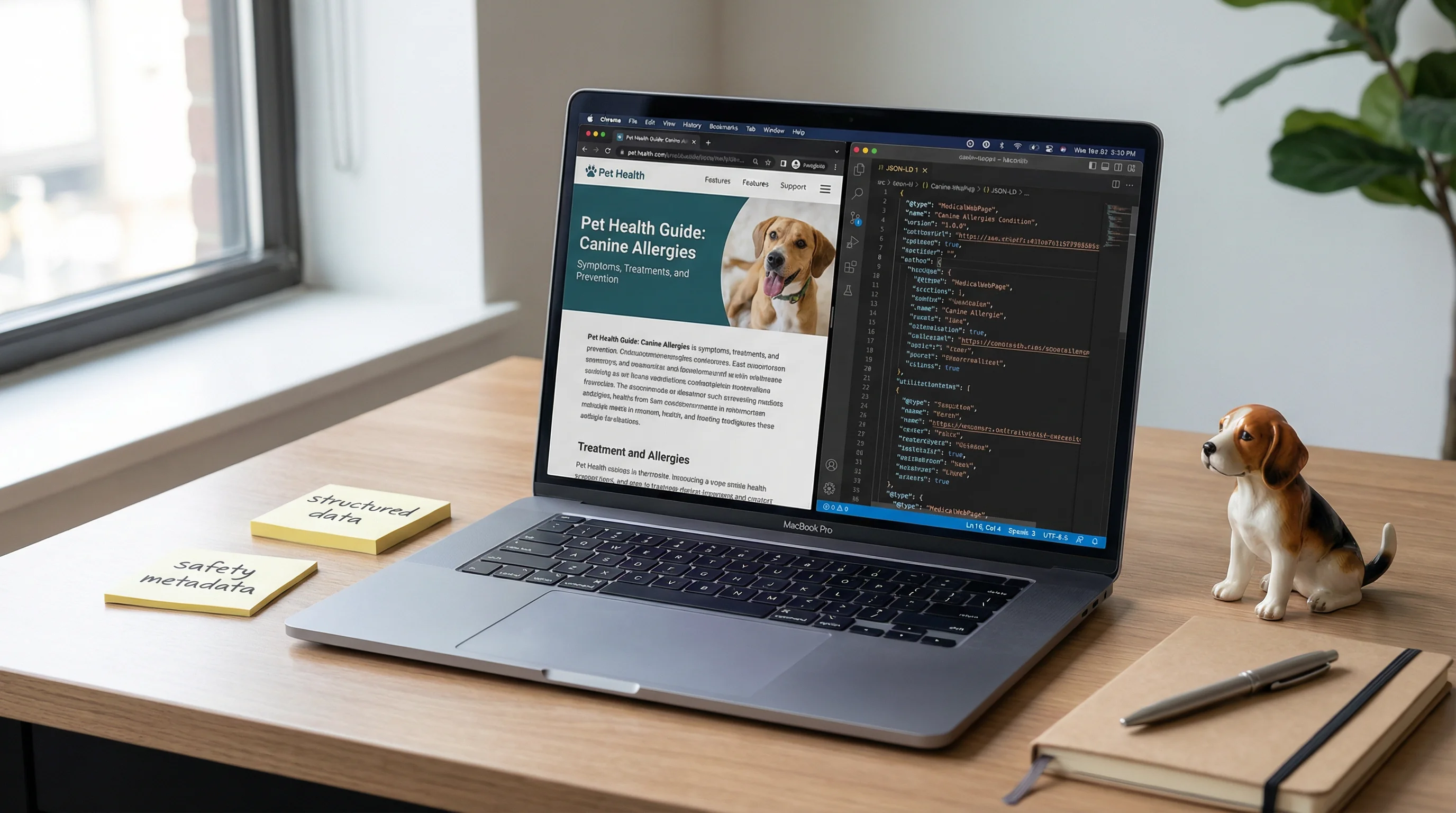 Close-up desk shot: an open laptop shows a pet health webpage about canine allergies next to a code editor panel with JSON-LD schema terms visible (Me