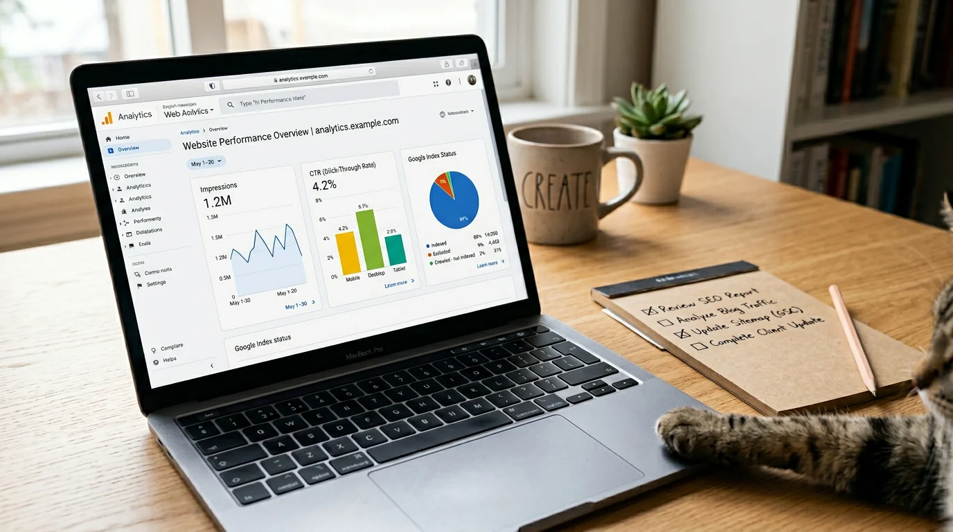 Close-up photo of a laptop displaying web analytics charts (impressions, CTR, index status) on a tidy desk, with a notepad showing simple checkbox ite