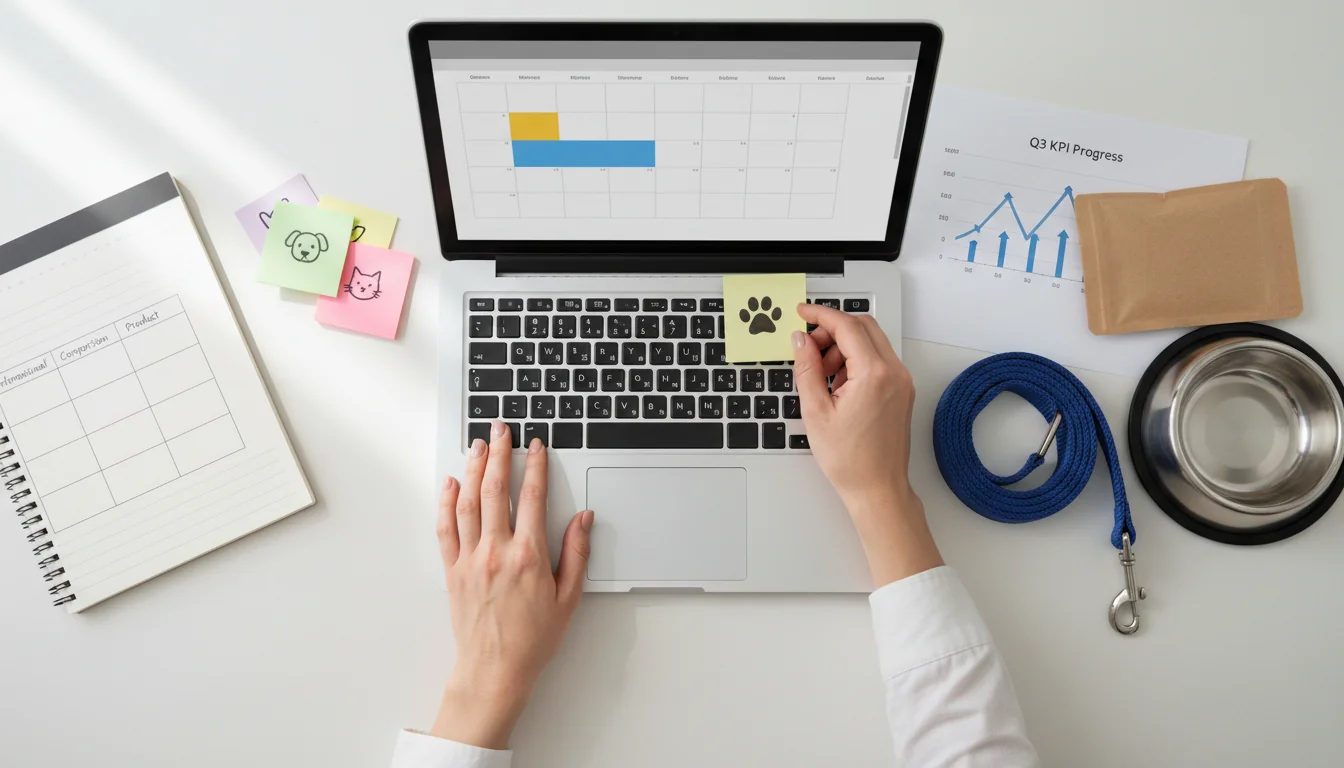 Overhead shot of a tidy workspace for a pet brand content strategist: an open laptop displaying a generic content calendar grid (no readable logos), n