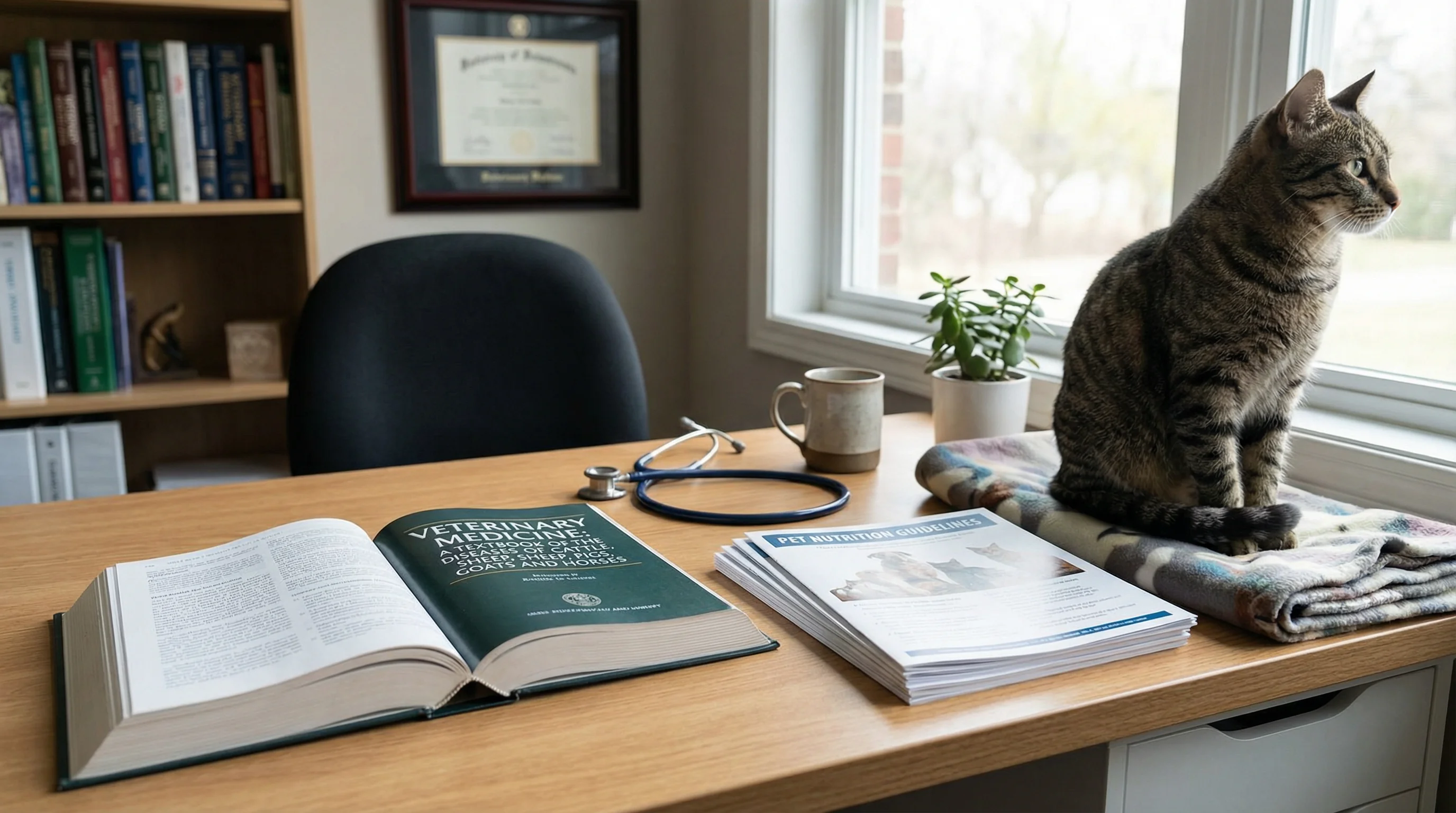 Well-lit veterinary office desk scene with an open medical textbook, printed pet nutrition guidelines, a stethoscope, and a calm tabby cat sitting bes