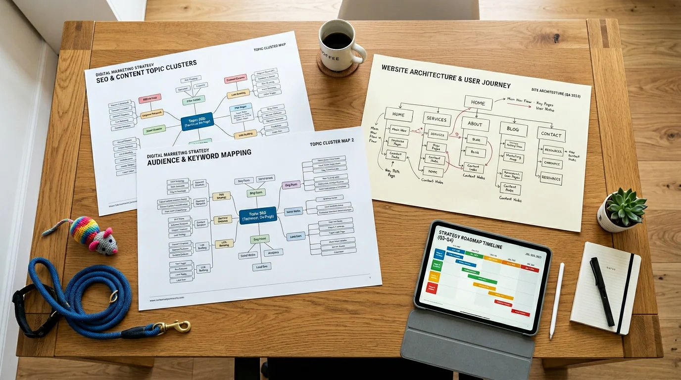 Overhead photograph of a large desk with printed topic cluster maps and a sketched site architecture diagram spread out neatly; a tablet showing a str