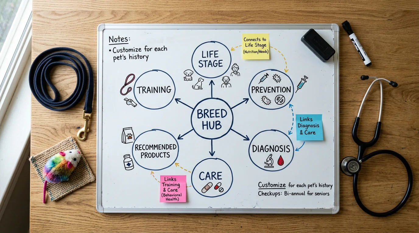 Close-up, overhead shot of a whiteboard on a desk showing a hand-drawn hub-and-spoke diagram: a central circle labeled Breed Hub connected by arrows t