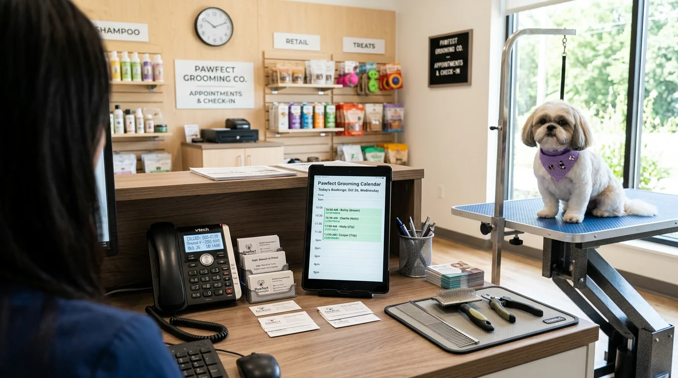 Over-the-shoulder view of a grooming shop front desk: a tablet displaying a booking calendar with time slots, a desk phone with a small caller ID box