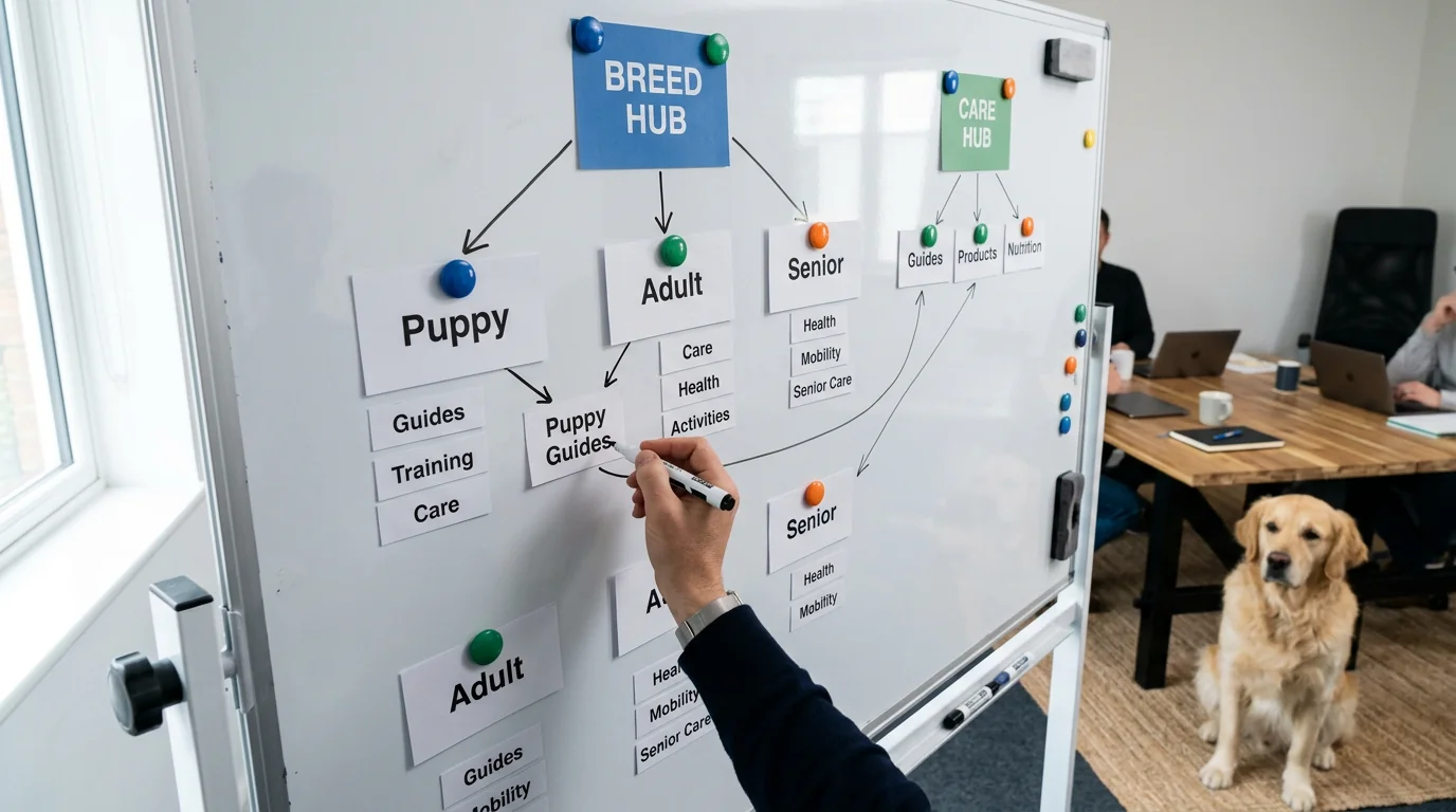 Bright office whiteboard with neatly arranged paper cards labeled 'Breed Hub', 'Puppy', 'Adult', 'Senior', 'Care Hub', and intent tags like 'Guides' a