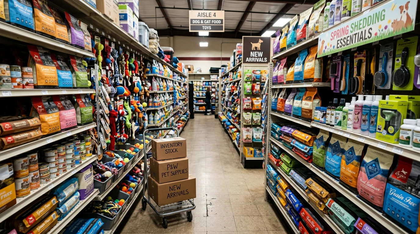 Wide-angle photo inside an independent pet store aisle packed with dog and cat food bags, toys, and grooming supplies; seasonal signage like 'Spring S