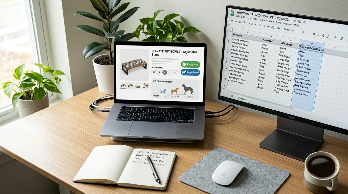 Top-down shot of a modern workspace with an open laptop displaying a generic pet product page template; visible size variant buttons (XS-XL), badges r