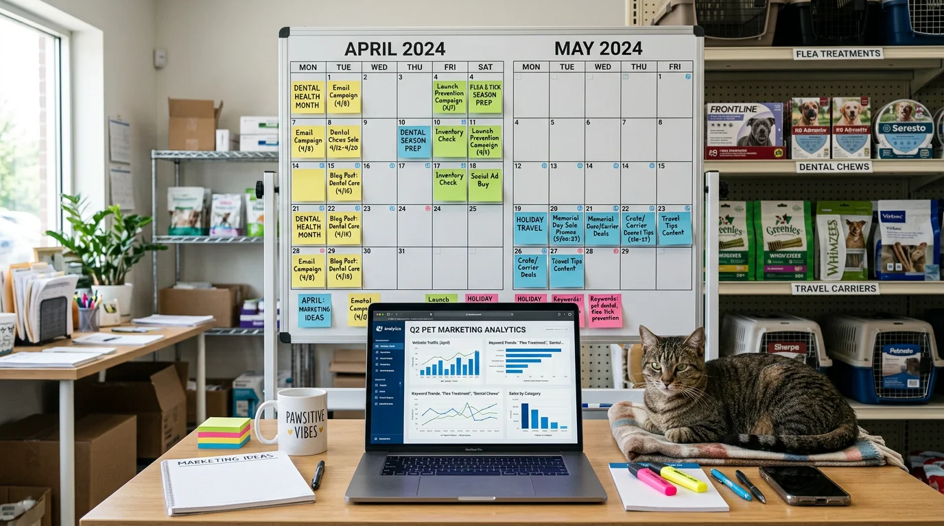 Pet retail marketing workspace with a large wall calendar covered in color-coded sticky notes for months and pet events (Dental Health Month, flea/tic
