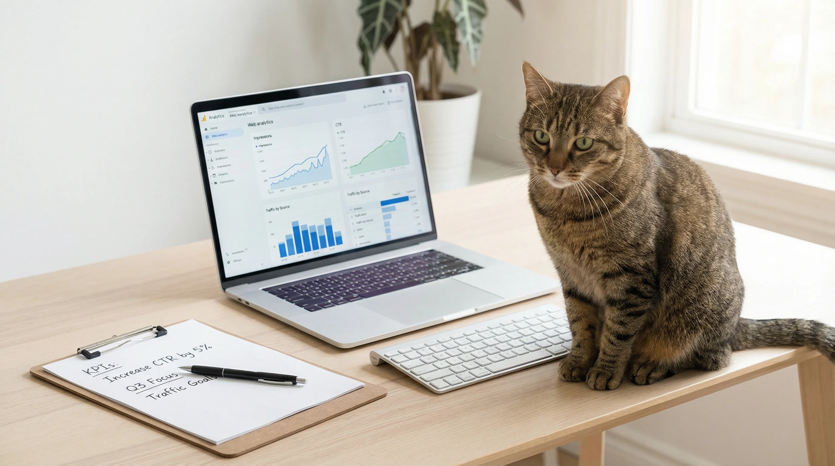A clean home office desk with a laptop open to a generic web analytics dashboard showing charts for impressions, CTR, and traffic by source; a short-h