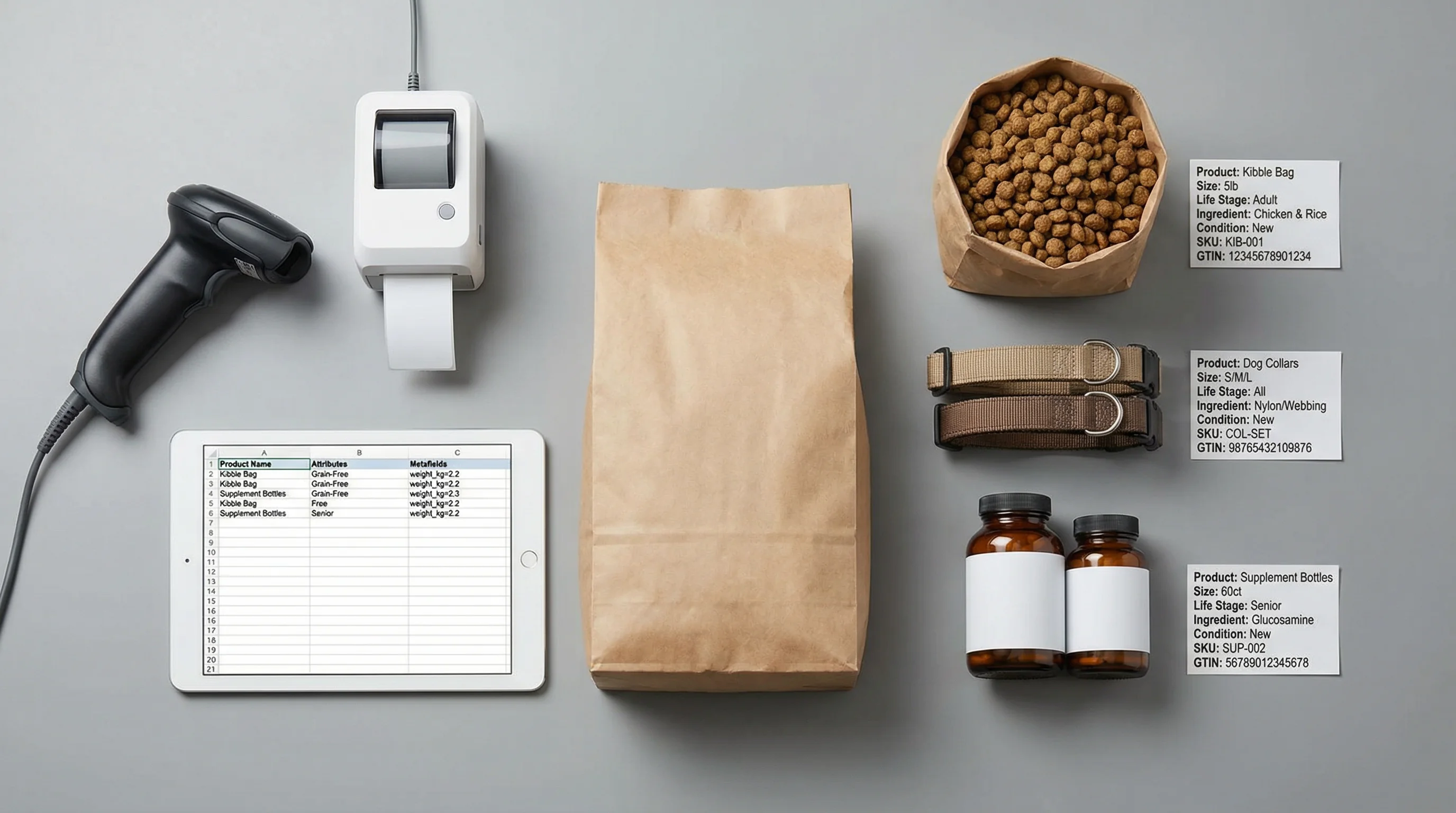 Top-down view of an organized content operations desk: barcode scanner, label printer, and neatly arranged pet products (kibble bag, collars, suppleme