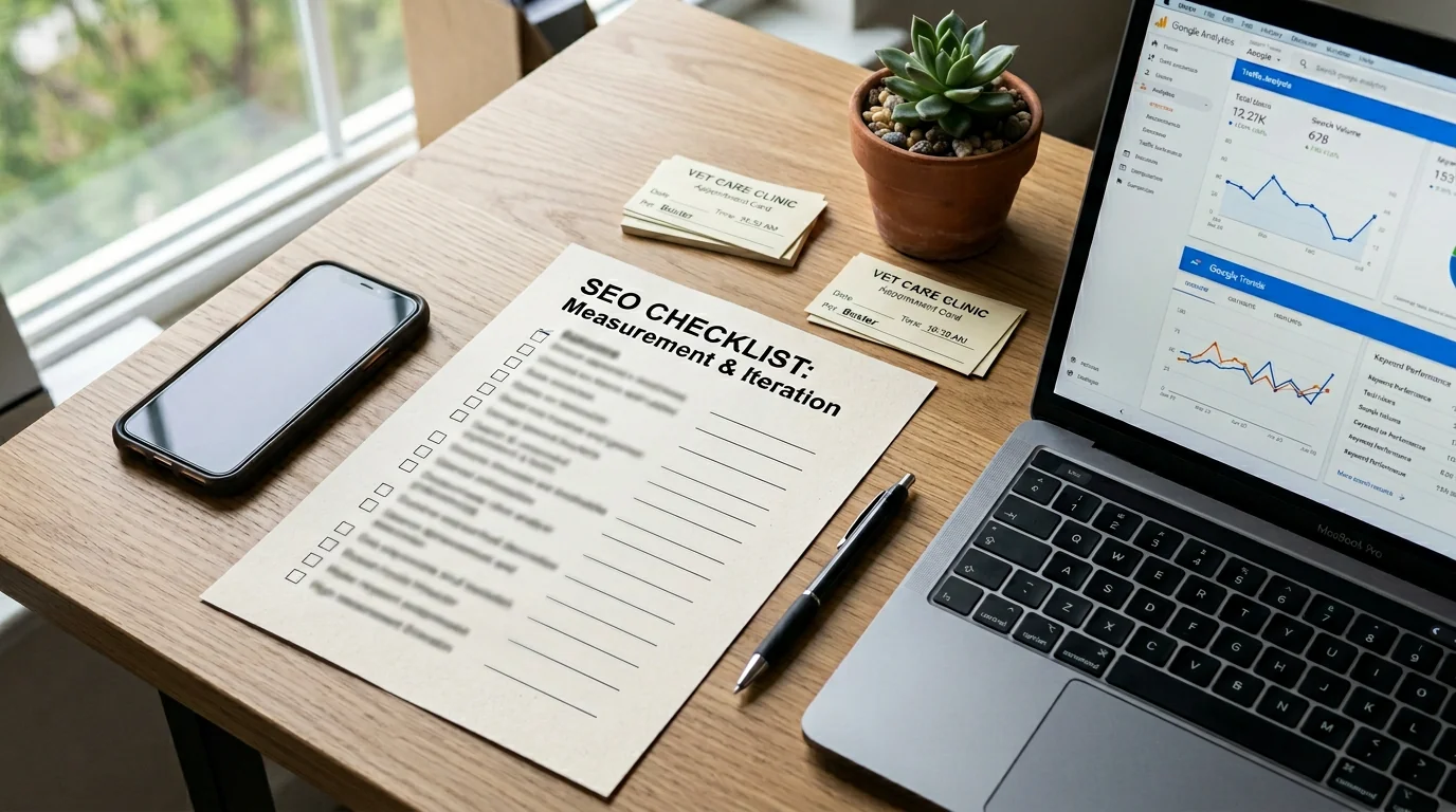 Top-down shot of a printed SEO checklist labeled Measurement and Iteration (most text blurred), pen and smartphone nearby, open laptop showing web ana
