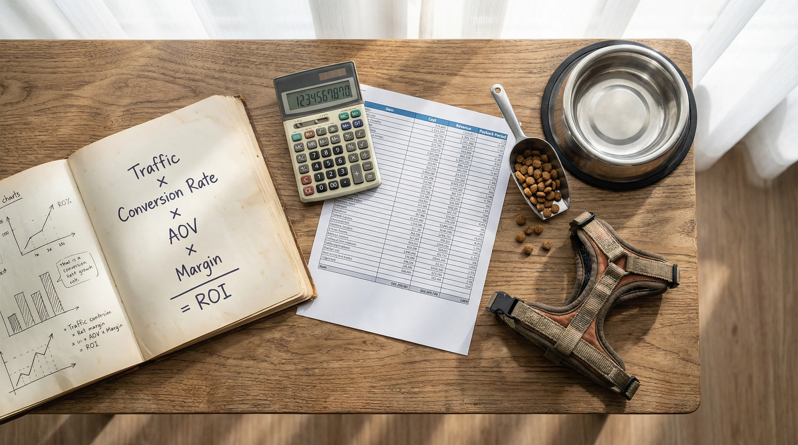 Natural-light photograph of a tidy workspace set for financial planning. A calculator, open notebook with hand-drawn ROI model formulas (traffic × con