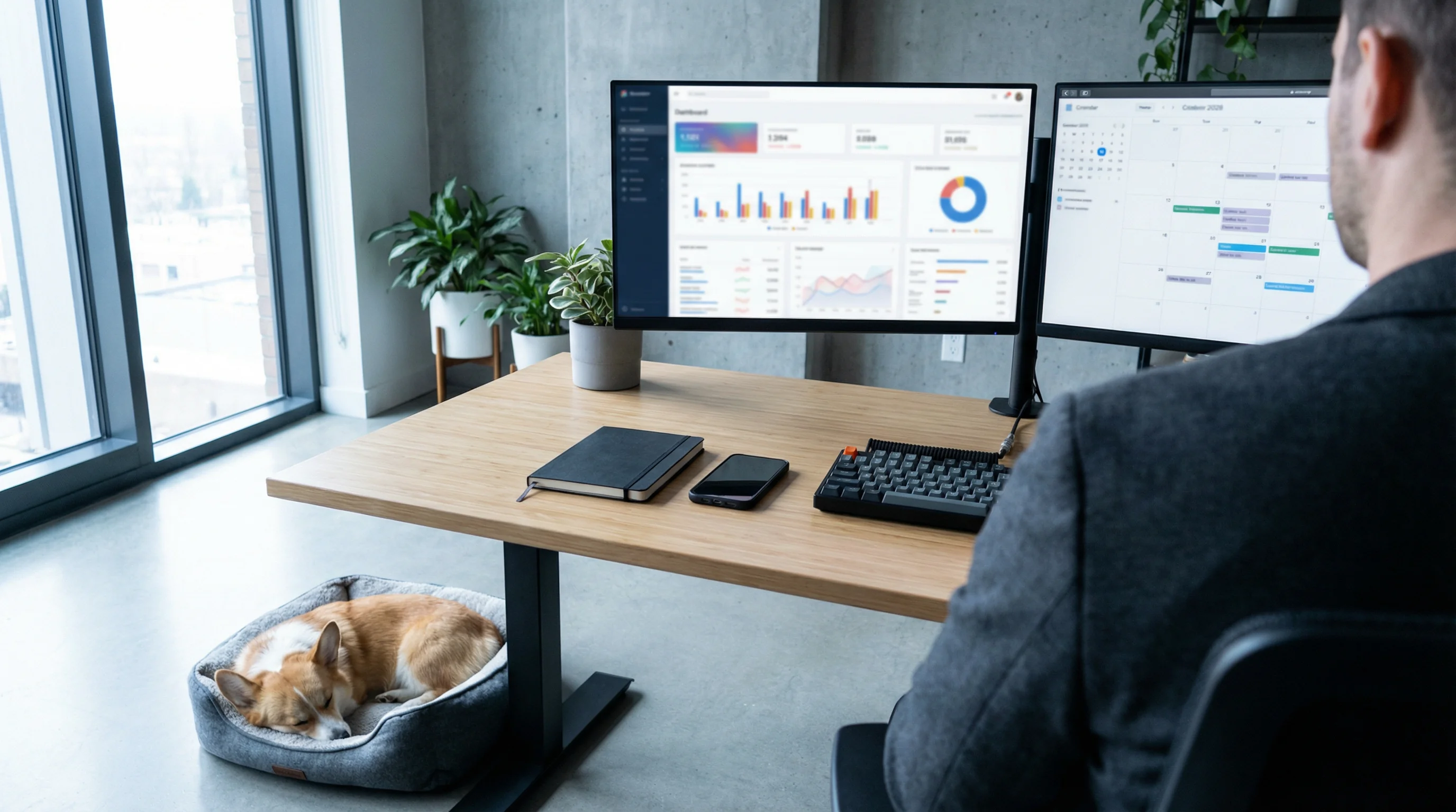 Modern office workspace with dual monitors showing blurred analytics dashboards and a content calendar (no readable text), external keyboard, notebook