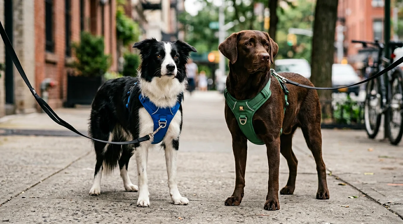 Two medium-sized dogs of different breeds (Border Collie and Labrador Retriever) standing side by side on a neutral urban sidewalk. One dog wears a br