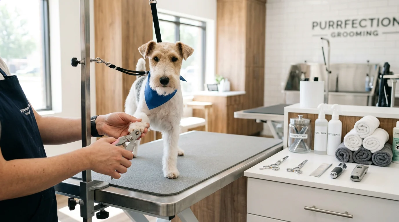 Bright, modern pet grooming salon interior with natural light; a groomer’s hands (no faces visible) gently trimming a small terrier’s nails on a non-s
