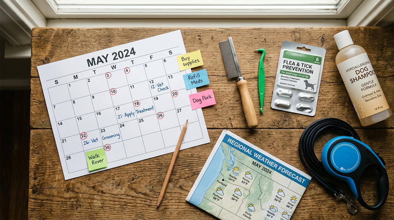 Top-down flat lay on a wooden desk: a paper monthly calendar with several circled dates and colored sticky notes, beside pet care items including a st