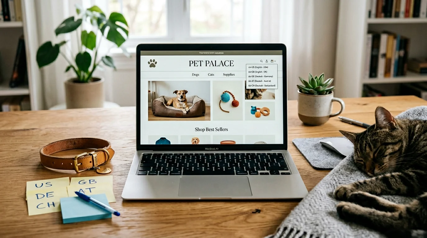 Clean desk scene with an open laptop showing a generic pet e-commerce page and a visible language/country selector listing en-US, en-GB, de-DE, de-AT,