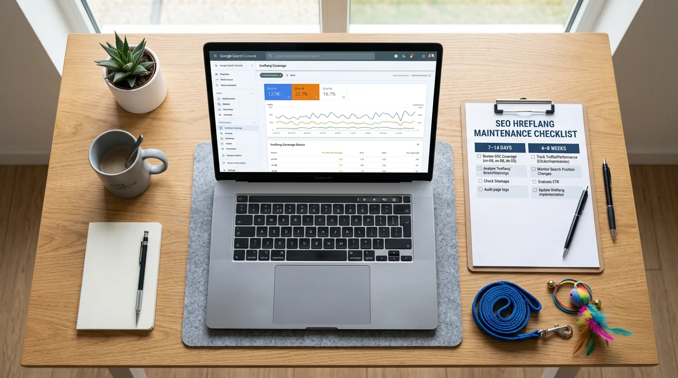 Overhead view of a tidy workspace with a laptop displaying Google Search Console hreflang coverage and performance graphs labeled en-US, en-GB, and de