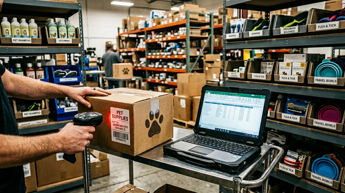 Documentary-style photo inside a small eCommerce warehouse: metal shelving with neatly arranged pet products (brushes, shampoo bottles, generic flea p