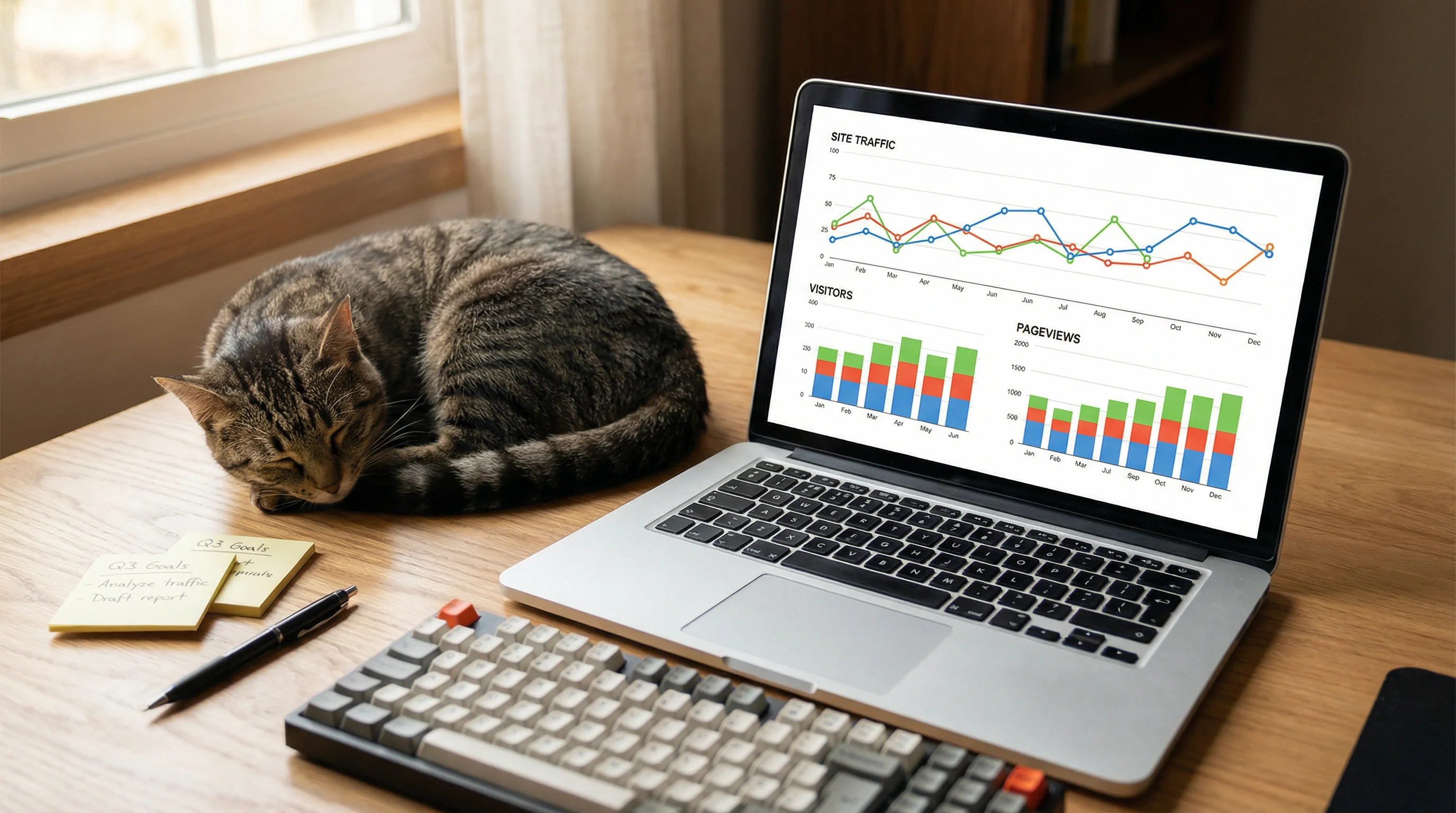 Over-the-shoulder workspace shot: a laptop on a wooden desk displaying generic web analytics charts (line graphs and bar charts, no recognizable UI); 