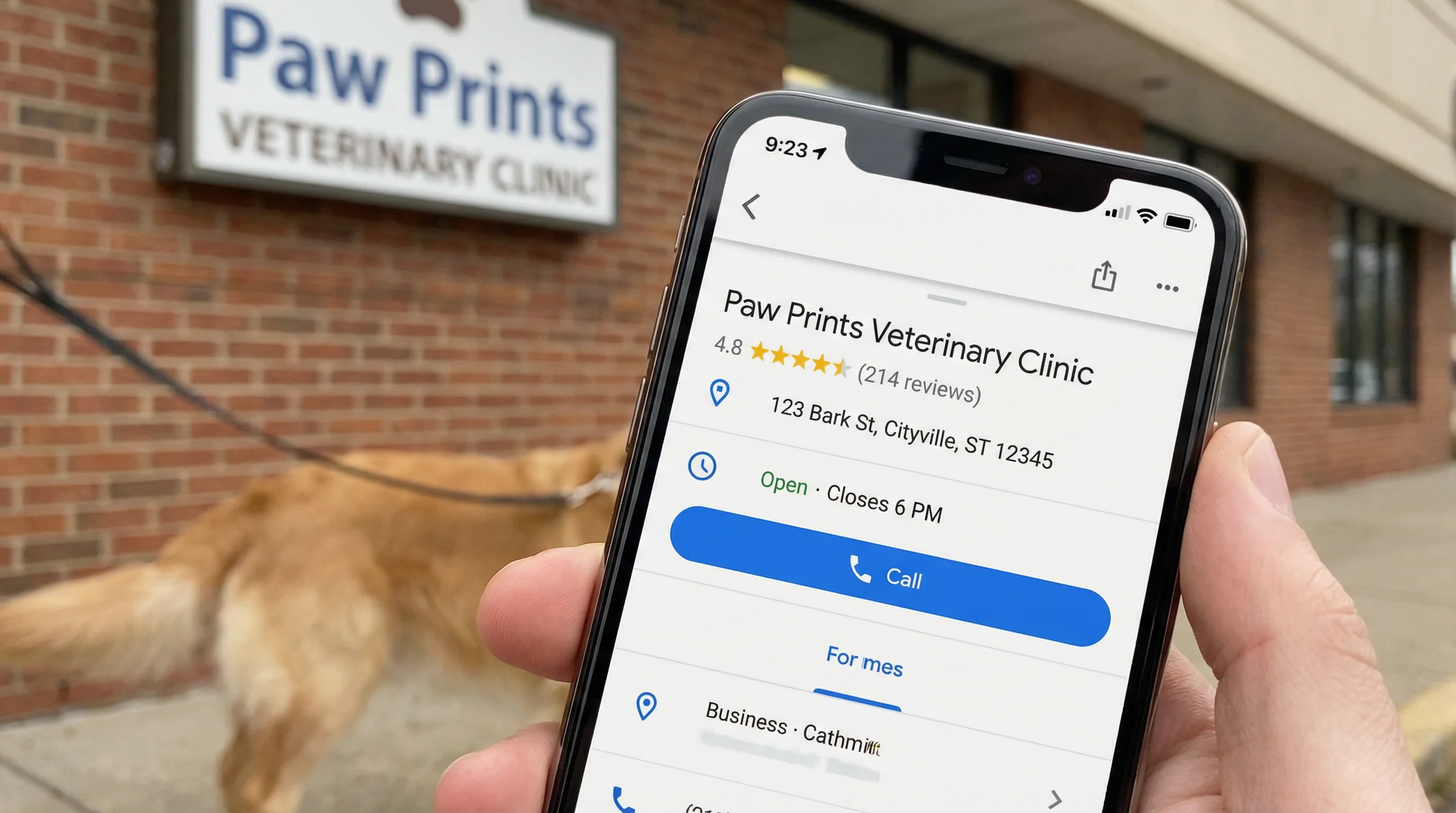 Close-up of a smartphone displaying a Google Maps business listing for a veterinary clinic with visible star rating, address, hours, and call button; 