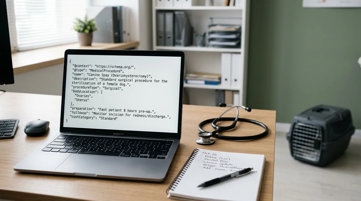 Clean veterinary office workstation with a laptop displaying generic JSON-LD schema code for a medical procedure (readable code lines without personal