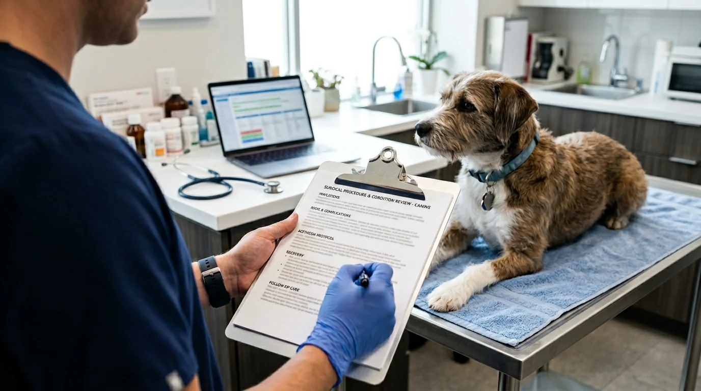 Close-up, over-the-shoulder view of a veterinarian’s hands reviewing printed procedure and condition templates on a clipboard, with a calm mixed-breed